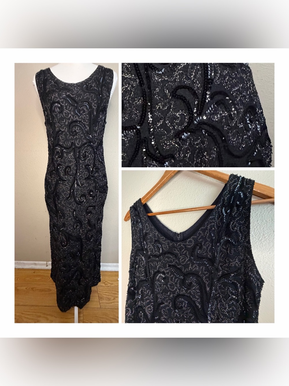 Vintage 90s Beaded Midi Dress Whimsigoth Black Sequin Gown Stretch Size 6 S M